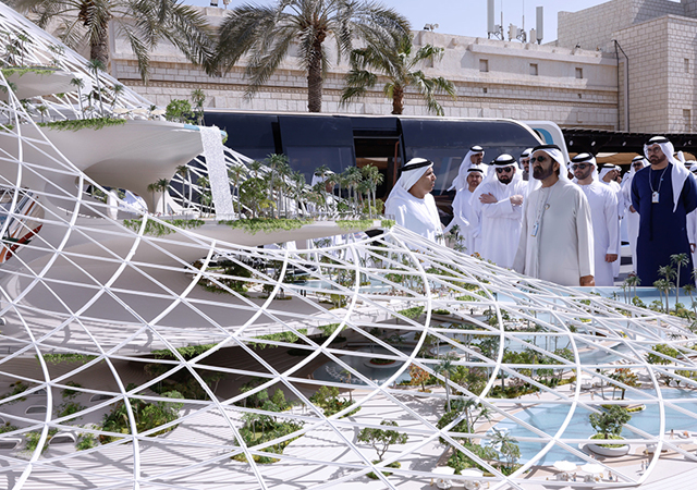 Dubai’s Ruler Sheikh Mohammed bin Rashid Al Maktoum views a model of Therme Dubai.